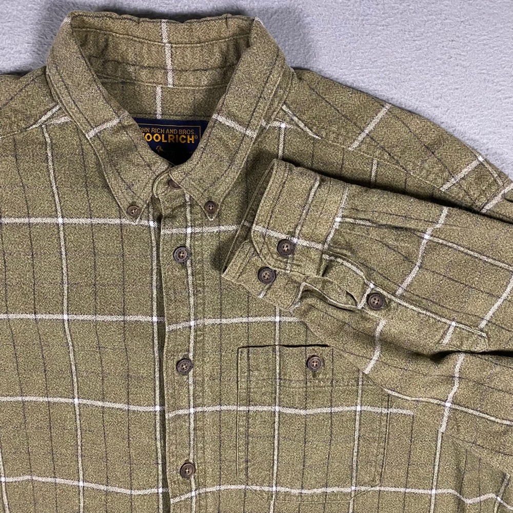 Woolrich Mens XL Chamois Flannel‎ Shirt Heavyweight Green Windowpane Plaid Heavy